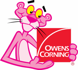 Cartoon pink panther character holding a red square sign with the Owens Corning logo and text, highlighting expert stucco repair Minnesota services.