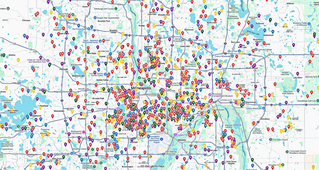 A detailed map of Minneapolis and surrounding areas densely marked with multicolored location pins, highlighting numerous points of interest—including trusted stucco contractor Twin Cities services and storm damage stucco repair providers across the region.