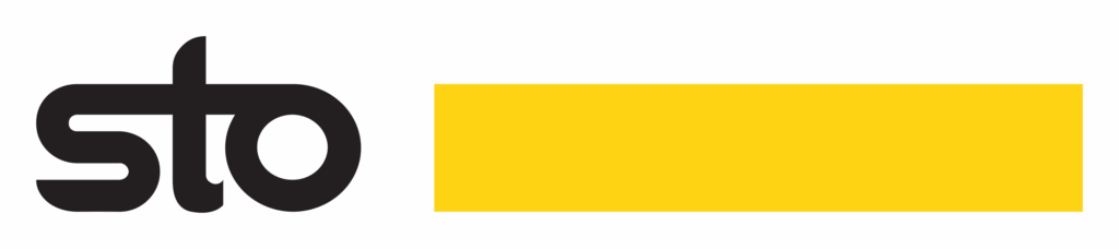 The image shows a black "sto" logo on the left and a solid yellow rectangle on the right, both on a light gray background—perfect for a stucco contractor Twin Cities specializing in quality finishes and repairs.
