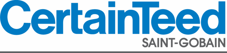 CertainTeed SAINT-GOBAIN logo in blue and gray text on a white background with a gray underline, representing quality in stucco crack repair and storm damage stucco repair across Minnesota.