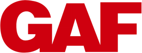 Red, bold uppercase letters "GAF" on a white background—ideal for any stucco contractor Twin Cities specializing in storm damage stucco repair.