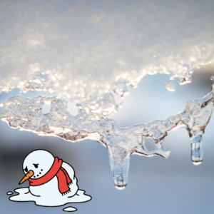 Close-up of melting snow and icicles, with a sad cartoon snowman wearing a red scarf added in the lower left corner.